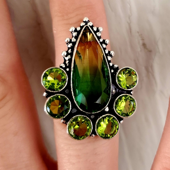 New Bi-Color Tourmaline & Peridot 925 Silver Ring. - Picture 2 of 8